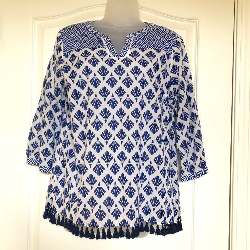 Talbots Beach Dress Long Sleeve White Blue Flinge | Boho Beach Cover up Size Lp